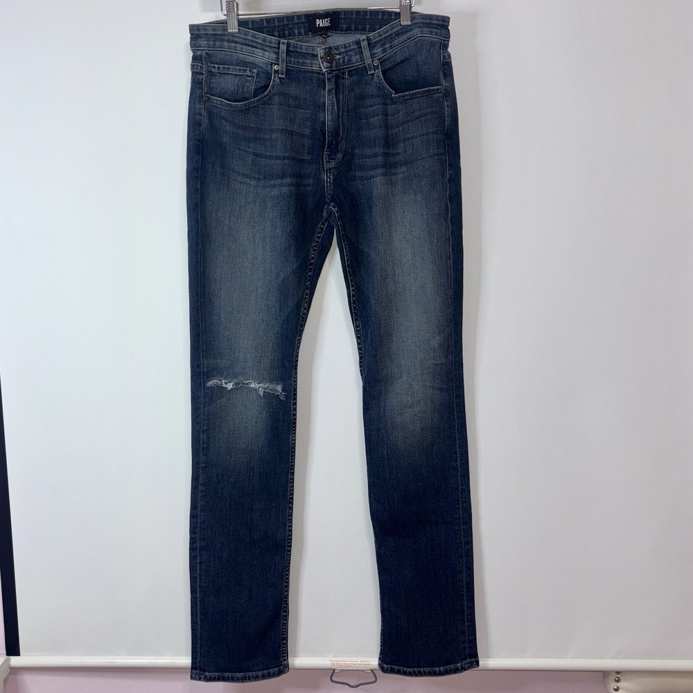 Paige Federal Slim Straight Jeans Men's 33x32 Medium Wash Distressed Knee